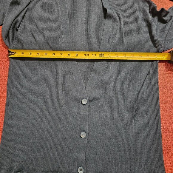 Halogen Merino Wool Blend Long Ribbed Cardigan L Teal Pockets Side Slits Relaxed - Picture 7 of 9